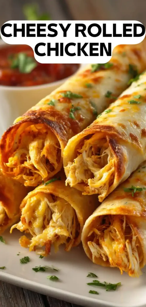Cheesy Rolled Chicken – Crispy, Melty & Irresistible cheesy rolled chicken tortillas filled with shredded chicken and melted cheese served on plate with sauce