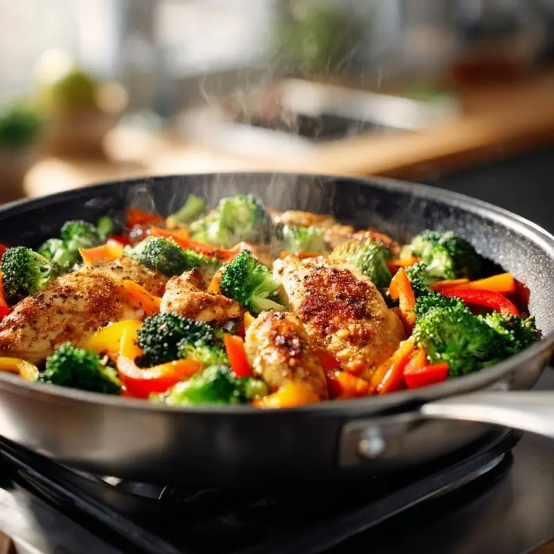 chicken broccoli skillet with bell peppers and steam in pan