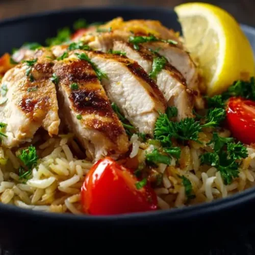 grilled chicken breast sliced over seasoned rice with cherry tomatoes parsley and lemon wedge