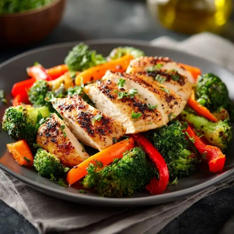 grilled chicken with broccoli carrots and bell peppers on plate