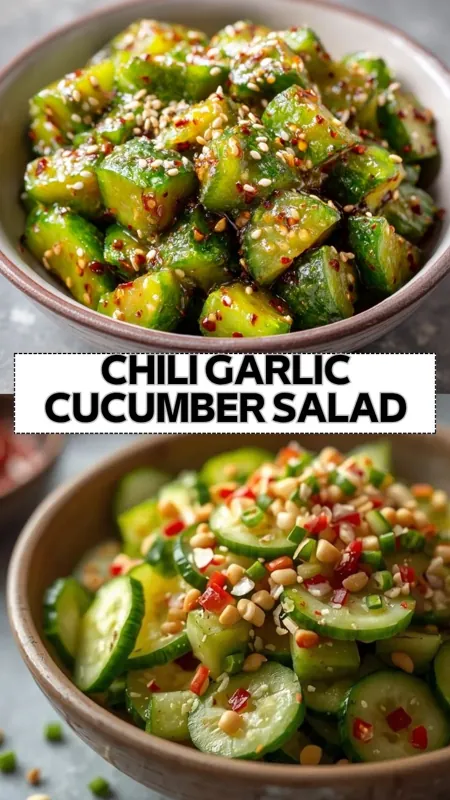 chili garlic cucumber salad with sesame seeds and spicy dressing in bowl