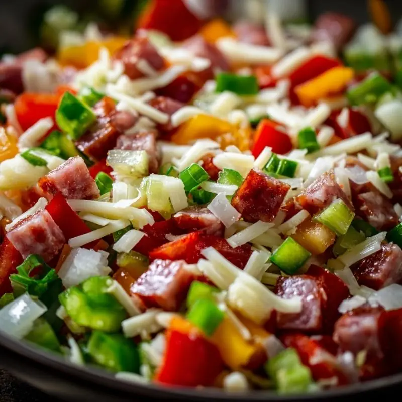 colorful chopped salad with vegetables cheese and diced meat close-up