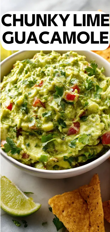 chunky lime guacamole with avocado cilantro and diced tomatoes served with tortilla chips