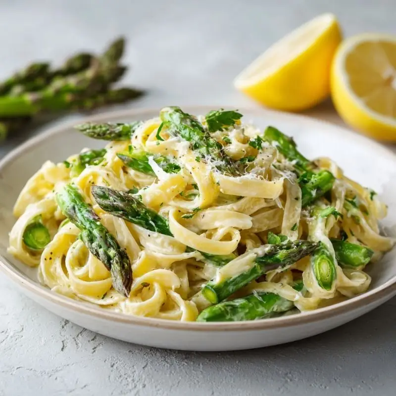 creamy asparagus pasta with parmesan cheese and lemon on plate close-up