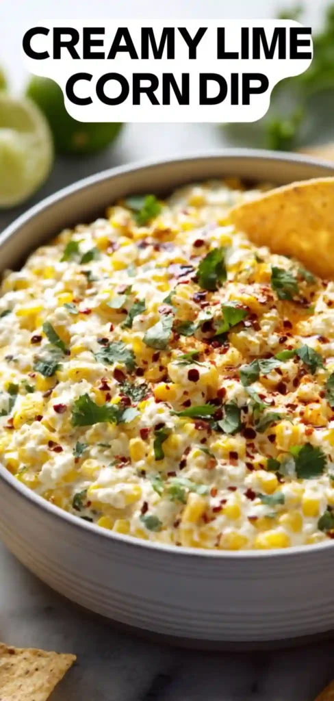 creamy lime corn dip with cheese cilantro chili flakes and tortilla chips