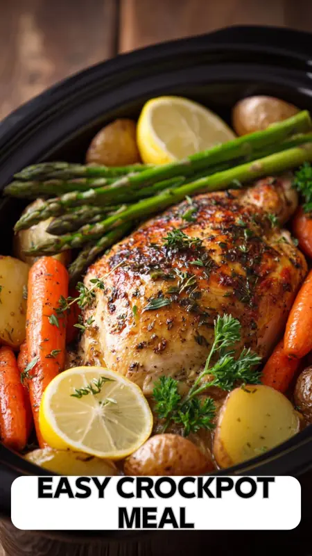 easy crockpot chicken with potatoes carrots asparagus and lemon in slow cooker