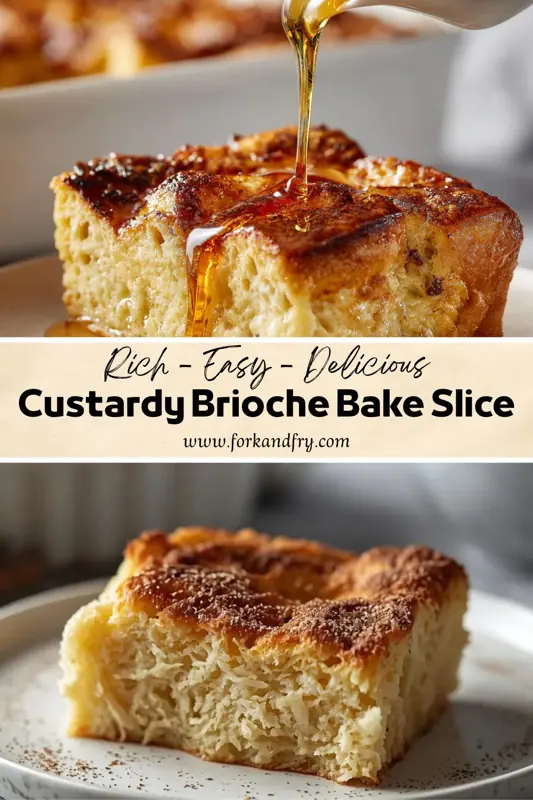 custardy brioche bake slice with golden top and syrup drizzle on soft fluffy texture