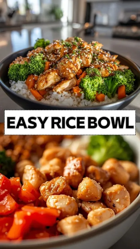 easy chicken rice bowl with broccoli carrots and sesame sauce served over rice with text overlay