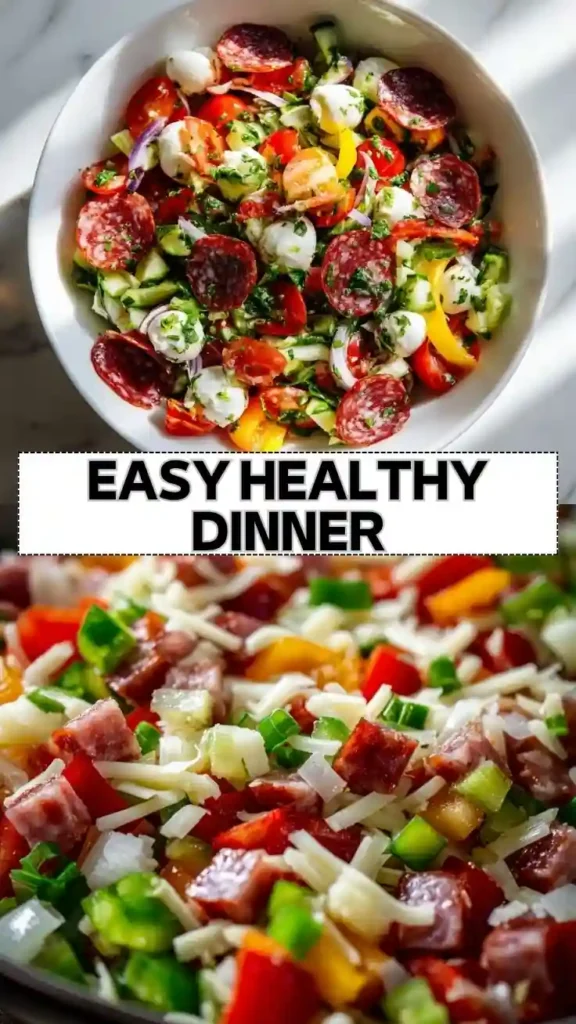 easy healthy dinner salad with salami mozzarella vegetables and text overlay