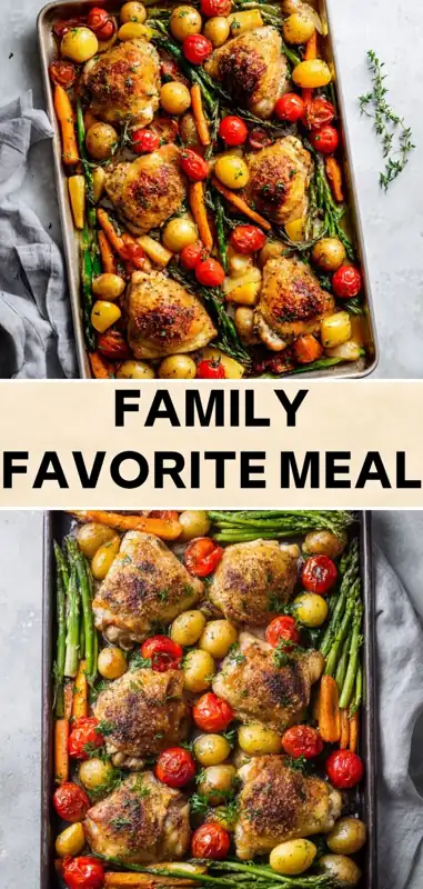 family favorite sheet pan chicken with potatoes carrots asparagus and cherry tomatoes