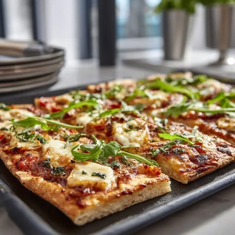 Crispy Flatbread Pizza with Arugula – Easy Gourmet Recipe crispy flatbread pizza with melted cheese, tomato sauce, and fresh arugula on sliced squares