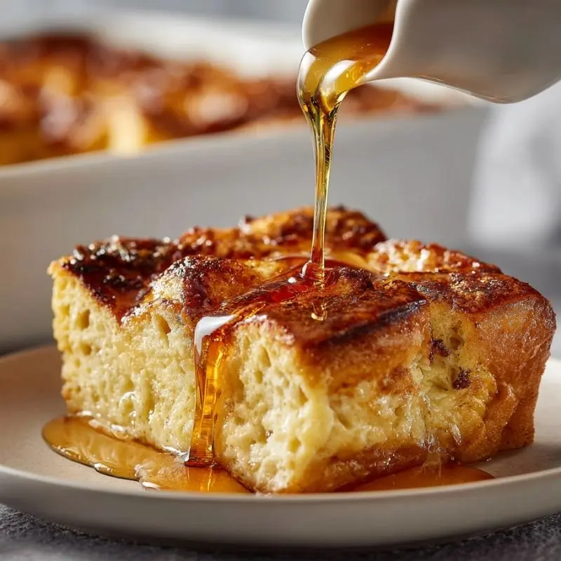 baked french toast casserole with golden crust and syrup being poured on top