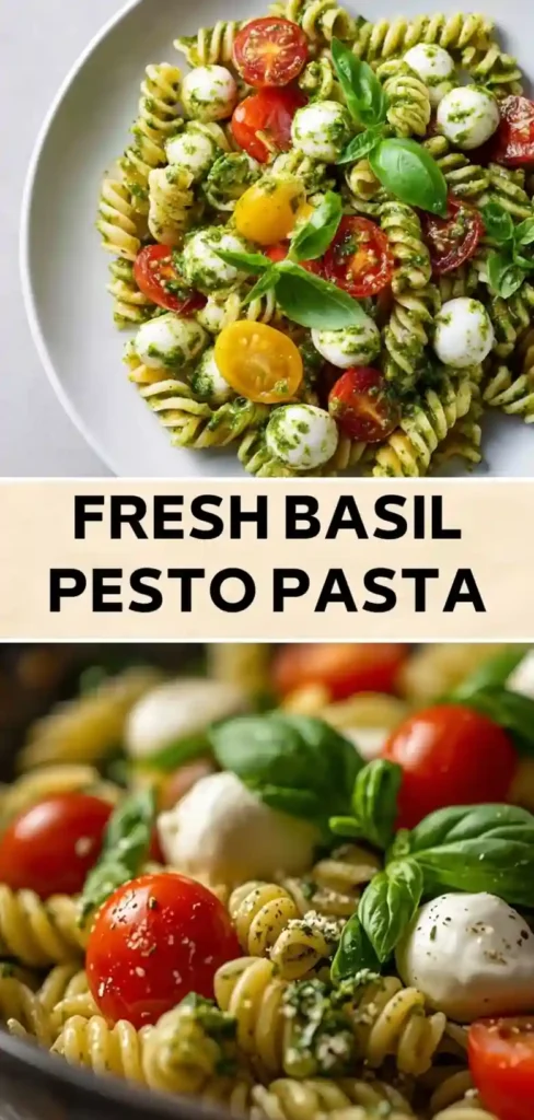 Fresh Basil Pesto Pasta with Mozzarella and Tomatoes pesto pasta with fresh basil mozzarella balls and cherry tomatoes