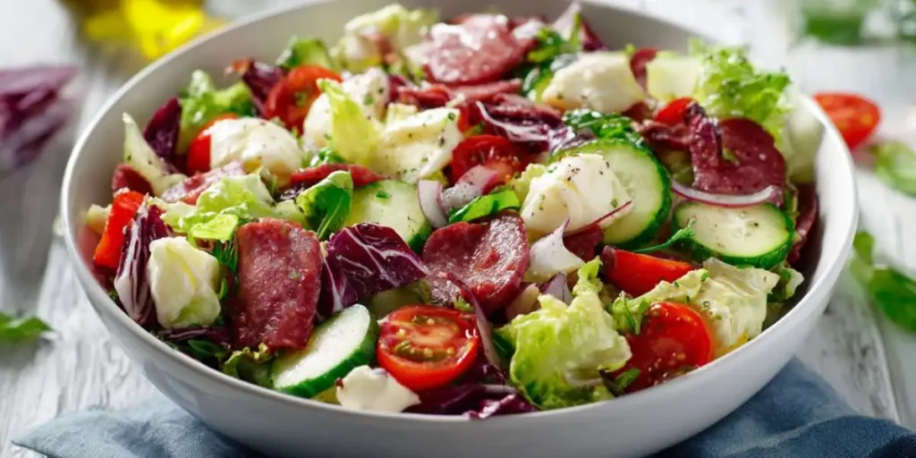 Italian Chopped Salad Spring Dinner 9 fresh mixed salad with lettuce tomatoes cucumber mozzarella and salami in bowl