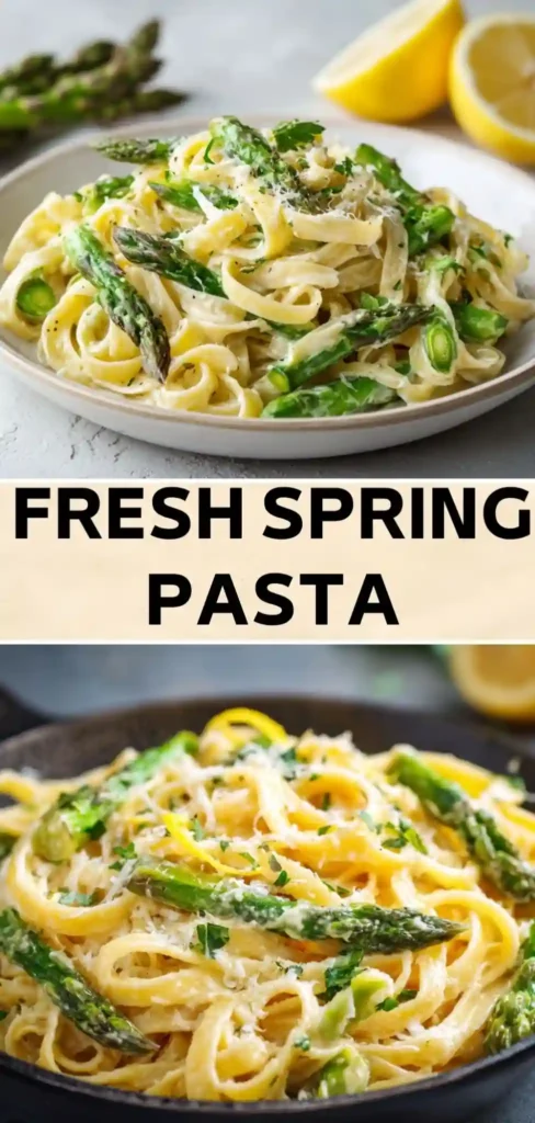 fresh spring pasta with asparagus parmesan and lemon with text overlay