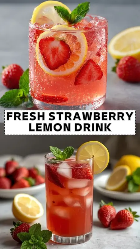 Fresh Strawberry Lemon Drink – Refreshing & Fruity Summer Beverage fresh strawberry lemon drink with ice slices of lemon and strawberries in glass