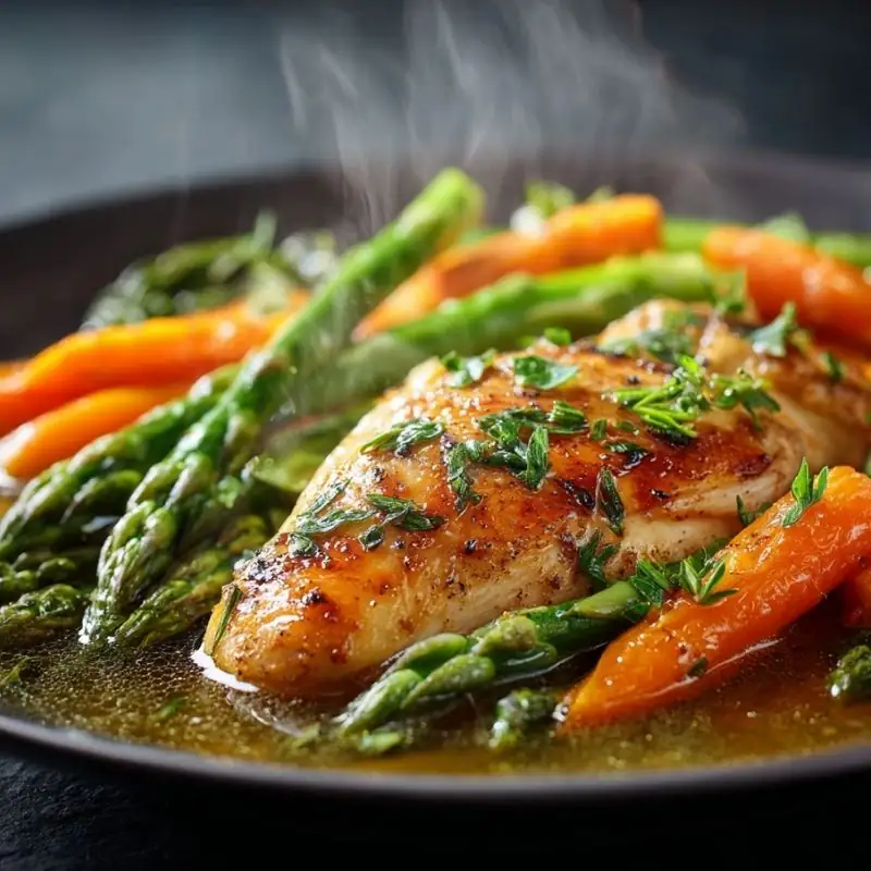 garlic butter chicken with asparagus and carrots in a skillet with herbs