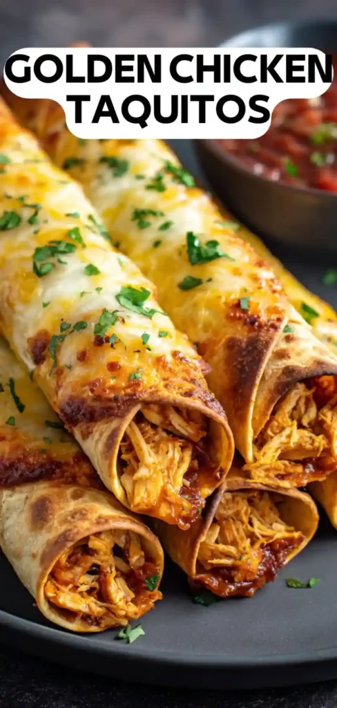 Golden Chicken Taquitos – Crispy, Cheesy & Flavor-Packed golden chicken taquitos filled with shredded chicken and melted cheese served with dipping sauce and text overlay