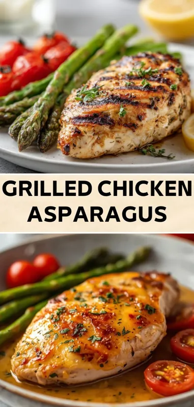 grilled chicken asparagus with cherry tomatoes and savory glaze on plate