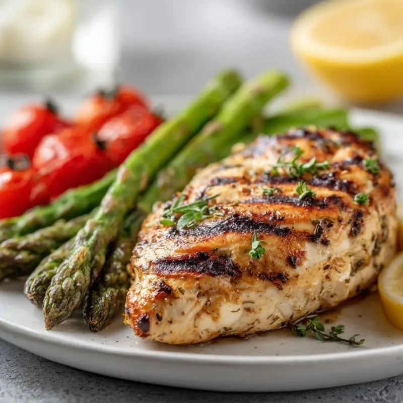 close up grilled chicken breast with asparagus tomatoes and lemon garnish