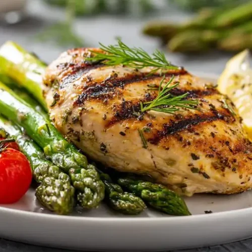 grilled chicken breast with asparagus cherry tomatoes and lemon on plate
