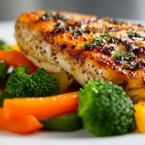 grilled chicken breast with mixed vegetables broccoli carrots and peppers on plate