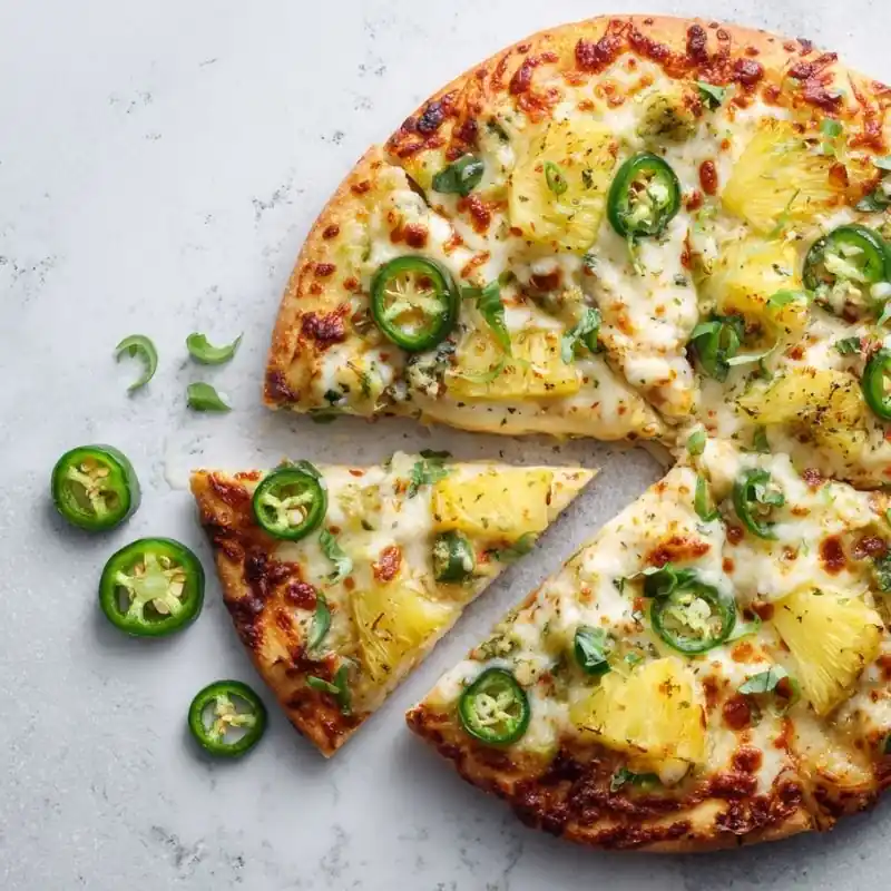 hawaiian pizza with pineapple jalapeno slices melted cheese and crispy crust