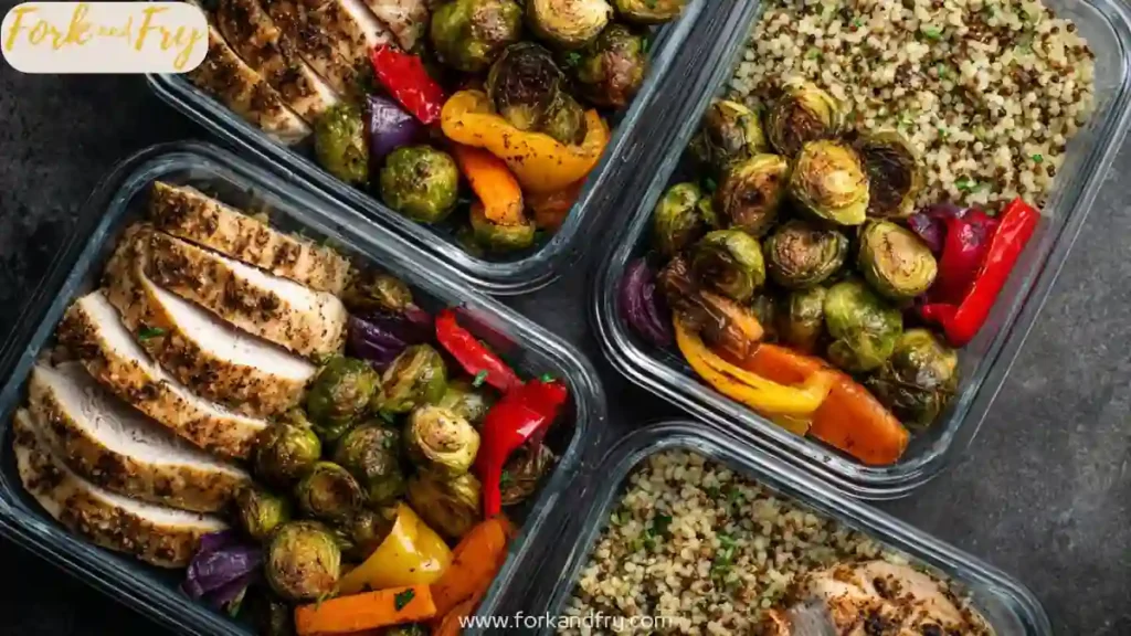 High Protein Chicken Meal Prep Recipes for the Week 7 high protein chicken meal prep with roasted brussels sprouts peppers carrots and quinoa in glass containers