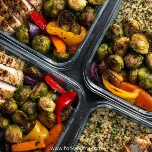 high protein chicken meal prep with roasted brussels sprouts peppers carrots and quinoa in glass containers