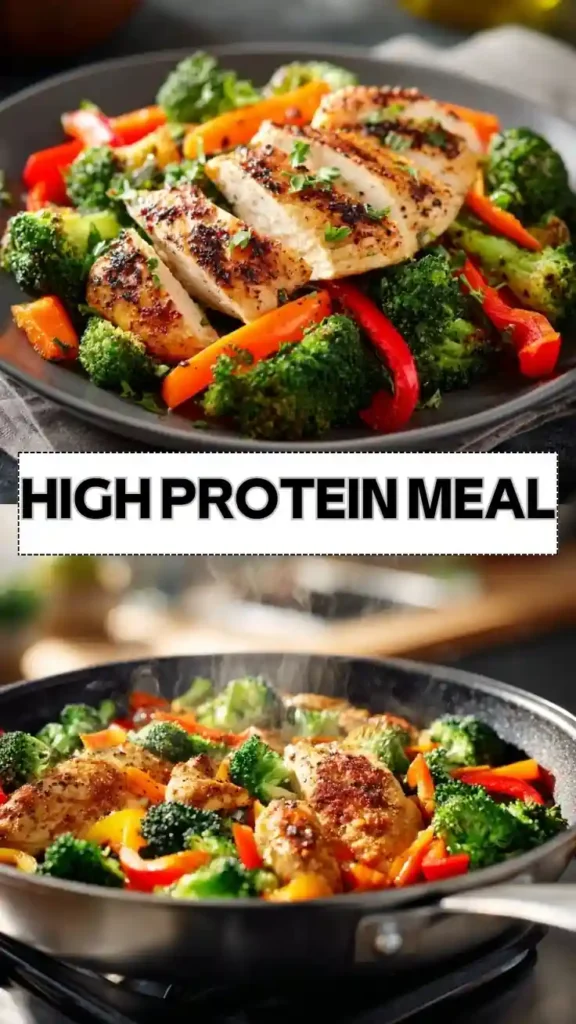 high protein meal with grilled chicken broccoli and peppers in skillet with text overlay