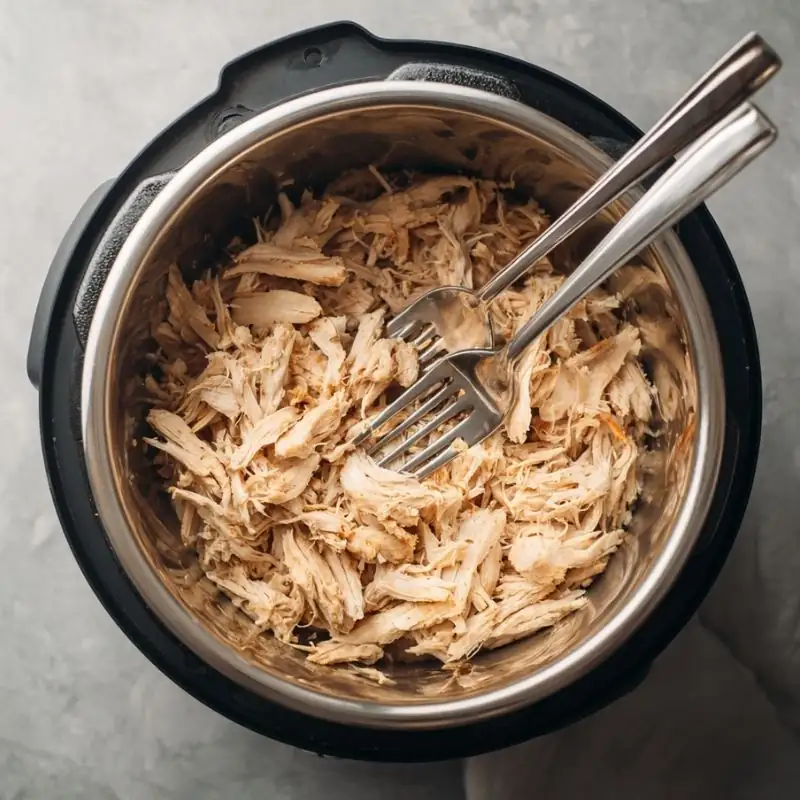 Delicious Instant Pot Pulled Chicken Recipe 3 shredded instant pot pulled chicken inside pressure cooker pot with forks