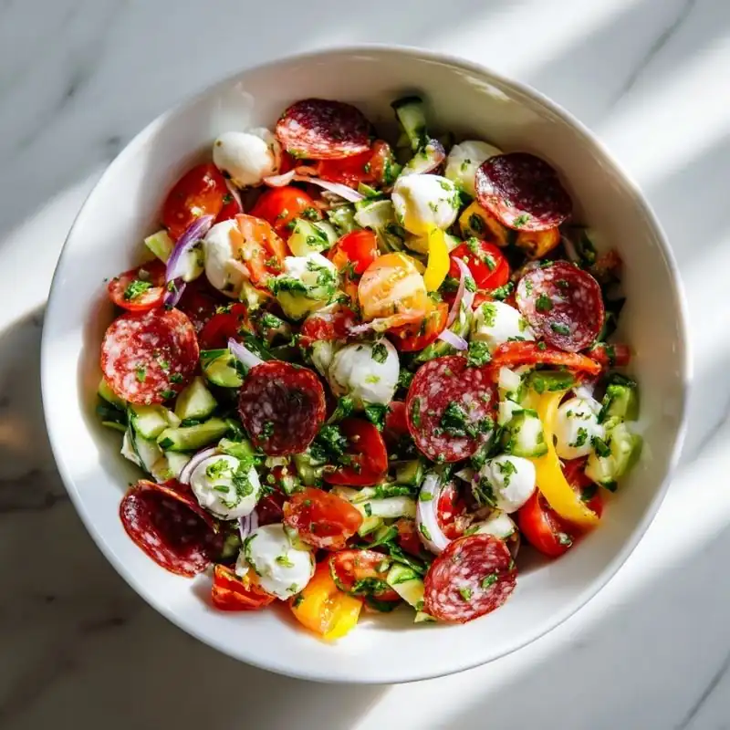 italian chopped salad with salami mozzarella tomatoes cucumber and herbs in bowl