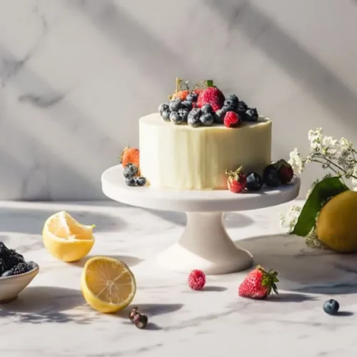 Lemon cake with fresh berries on a cake stand surrounded by citrus and flowers