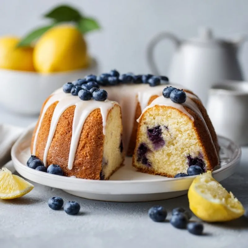 Lemon Blueberry Bundt Cake with Sweet Glaze Lemon blueberry bundt cake with glaze and fresh blueberries on top