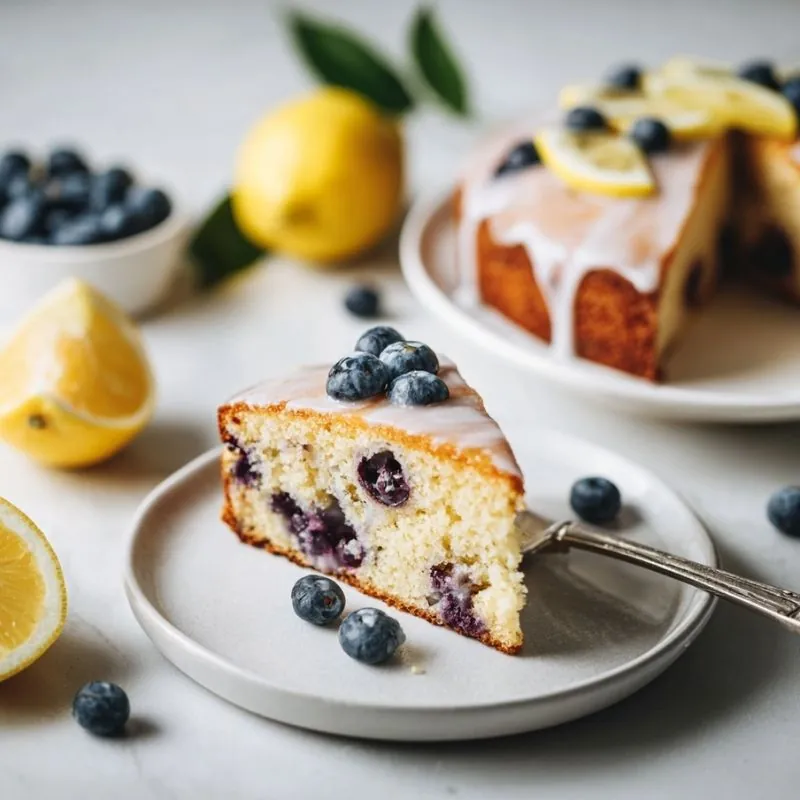 Moist Lemon Blueberry Cake with Sweet Glaze Slice of lemon blueberry cake with glaze topped with fresh blueberries and lemon slices