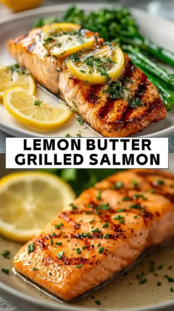 Lemon Butter Grilled Salmon – Juicy & Flavorful lemon butter grilled salmon fillet with herbs and asparagus on plate
