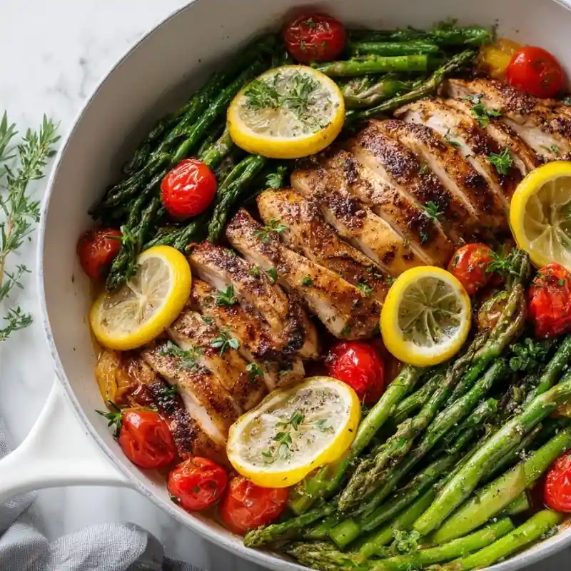 Lemon Chicken Asparagus Skillet – Easy One-Pan Dinner lemon chicken asparagus skillet with cherry tomatoes and herbs