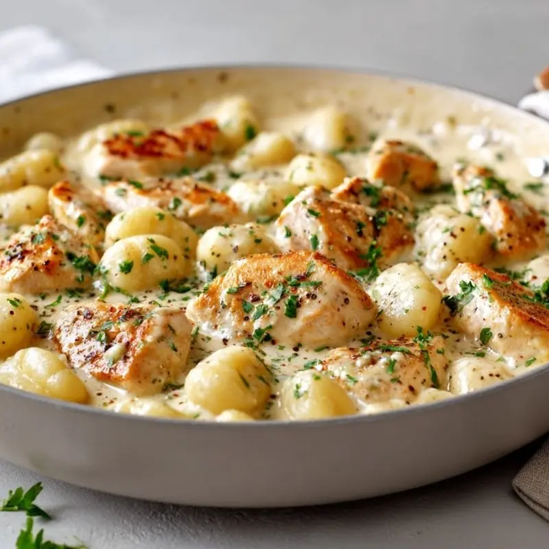 creamy lemon chicken gnocchi with seared chicken pieces and herbs in skillet