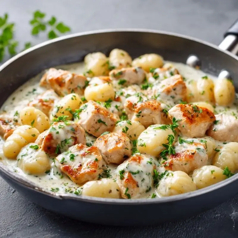 one pan creamy lemon chicken gnocchi with golden chicken and fresh herbs