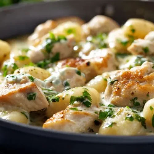 one pan lemon chicken gnocchi with creamy sauce and fresh parsley