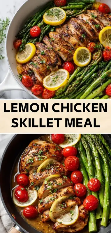 Lemon Chicken Skillet Meal – Easy Healthy One-Pan Recipe lemon chicken skillet meal with asparagus cherry tomatoes and herbs