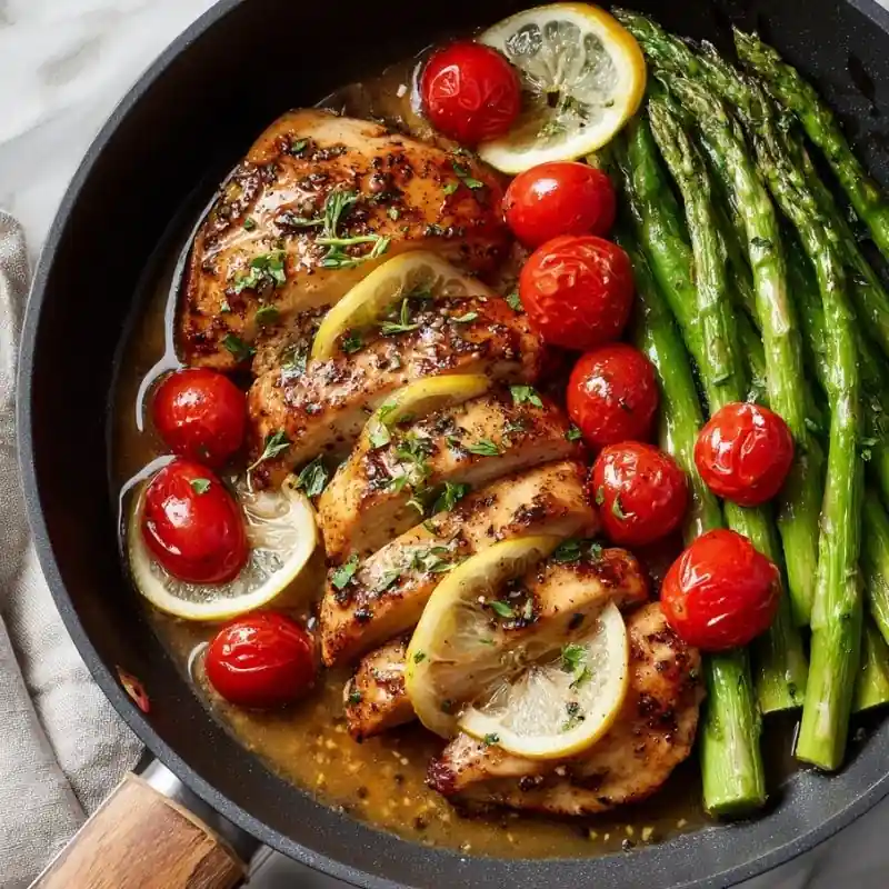 Lemon Garlic Chicken with Asparagus – Easy One-Pan Meal lemon garlic chicken with asparagus and cherry tomatoes in skillet close up