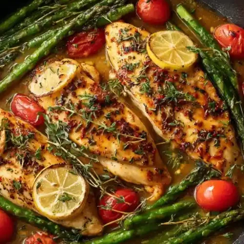 lemon garlic chicken with asparagus and cherry tomatoes in skillet