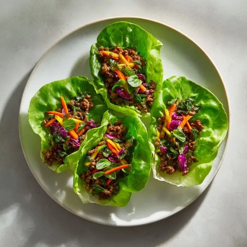 Asian Lettuce Wraps with Ground Chicken – Healthy Low-Carb Dinner asian lettuce wraps with ground chicken vegetables and herbs served in butter lettuce cups
