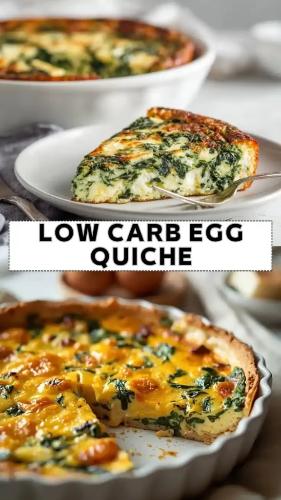 low carb egg quiche with spinach and cheese in baked crust slice