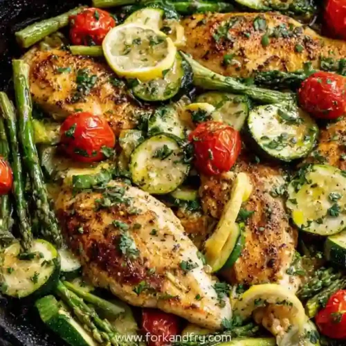 low carb high protein chicken skillet with asparagus zucchini cherry tomatoes and lemon in cast iron pan