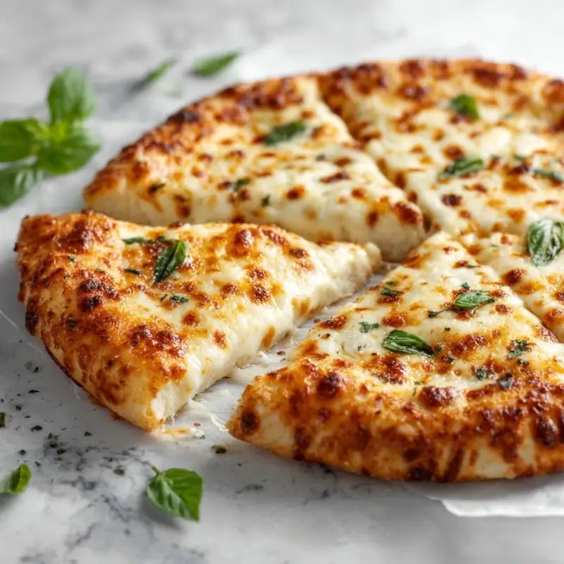 crispy margherita pizza slices with melted mozzarella cheese and fresh basil on marble surface