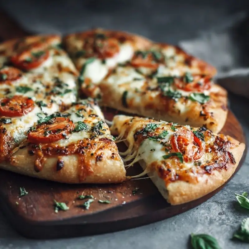 Cheesy Margherita Pizza Slices with Fresh Basil and Tomatoes Cheesy margherita pizza slices with melted mozzarella, cherry tomatoes, and fresh basil on wooden board