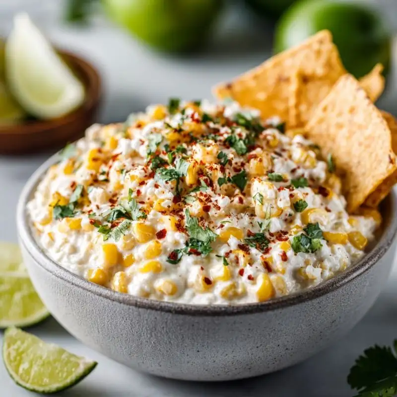 creamy mexican corn dip with cheese cilantro chili flakes and lime wedges