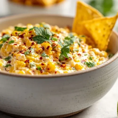 creamy mexican corn dip with cilantro chili flakes and lime wedges in bowl